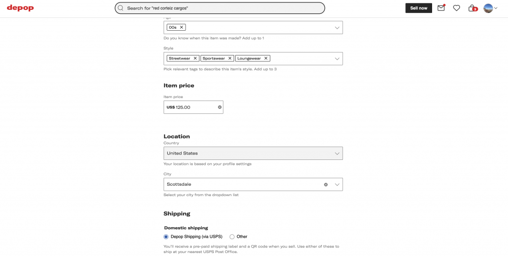 screenshot of the Depop listing screen.
